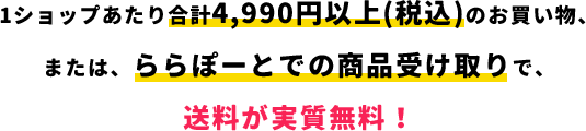 1ショップあたり合計4,990円以上(税込)のお買い物、 または、ららぽーとでの商品受け取りで、 送料が実質無料！​